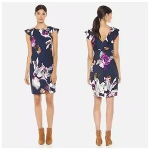Trina Turk Jasey Floral Flutter Sleeve Dress Navy Blue Rose Scuba